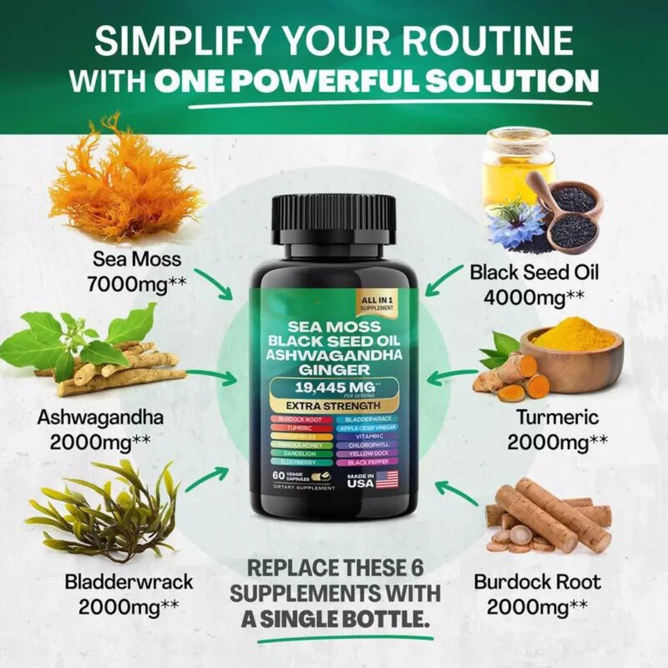 Sea Moss 7000Mg Black Seed Oil 4000Mg Ashwagandha 2000Mg Turmeric 2000Mg~